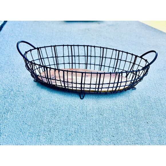 Rustic Oval Wire Basket with Wood Base Serving and Decorative Tray, 22.5" x 9.5" - Picture 1 of 6